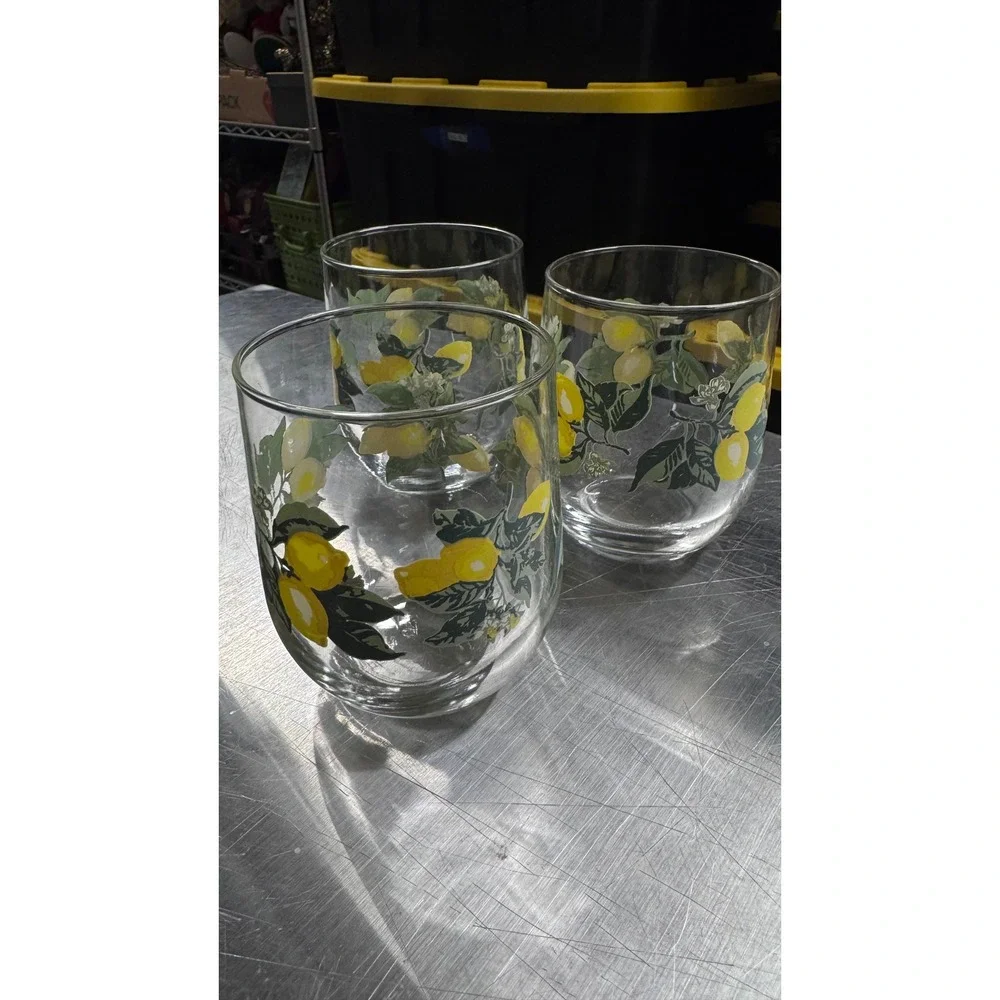 Vtg Libbey Lemon Print Stemless Wine Glasses Set of 3 Citrus Fruit Tumblers 17oz